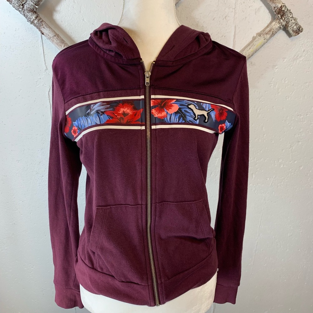 PINK Victoria's Secret Burgundy Hoodie with Floral Design